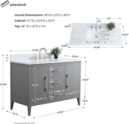 HomeBeyond 48 Inch Bathroom Vanity with Sink & Ceramic Top, Single Vanity Cabinet with Basin, Soft-Closing Doors & Matte Black Hardware, Grey