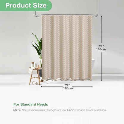Dynamene Boho Farmhouse Shower Curtain, Beige Fabric Tufted Chevron Striped Textured Tassel Shower Curtains for Bathroom, Water Repellent, Minimalist Ruffled Cloth Shower Curtain Set with Hook, 72x72