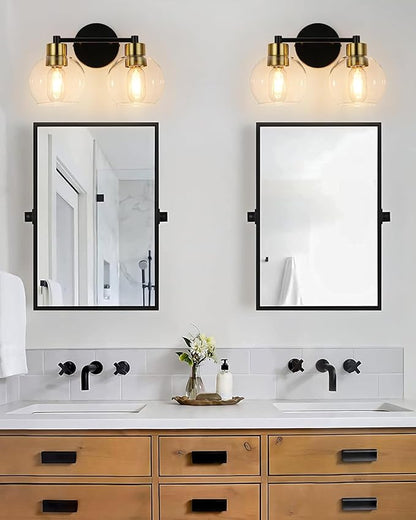 WILON 2-Light Bathroom Vanity Light Fixture Over Mirror, Black and Gold Sconces with Clear Globe Glass Shades, E26 Base Wall Lamp for Living Room Bedroom Stairway