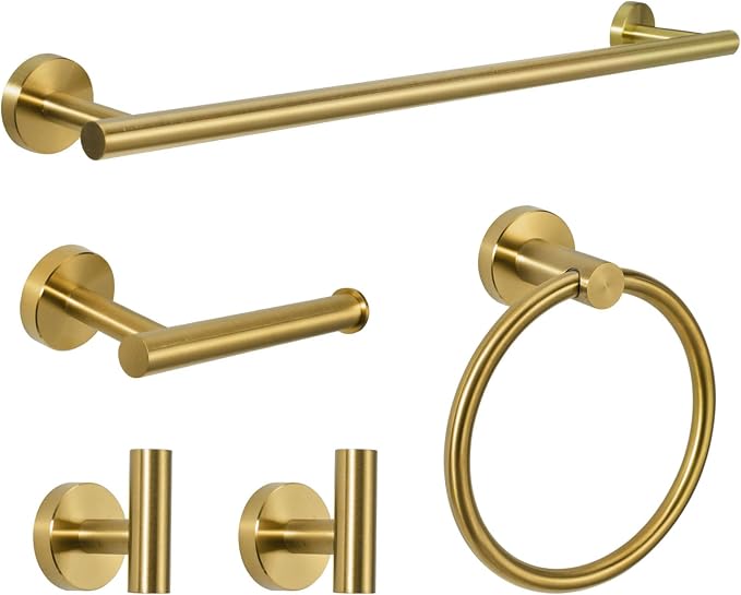 5 Piece Modern Style Wall Mounted Bathroom Hardware Set | #304 Stainless Steel, 24" Towel Bar Mount, Towel Rings, L Shape Toilet Paper Holder, Bathrobe Hook (Brushed Gold)