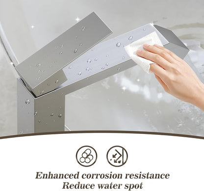 Brushed Nickle Single Hole Tall Above Counter Sink Bathroom Faucet,Single Handle Bathroom Vessel Faucet with Waterfall and Pop Up Drain Without Overflow,FH05-BN-V-VINE