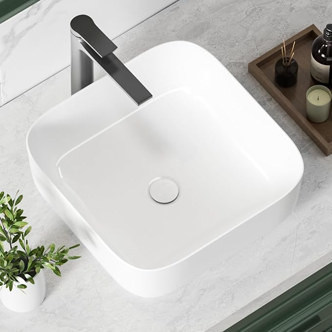 KINGWONG 15" Ceramic Vessel Sink, White Square Bathroom Sink Above Counter | Easy-Clean Porcelain Vanity Sink with Rounded Corner & No Overflow, Compact 15.15" Design for RV, Powder Room, Small Space