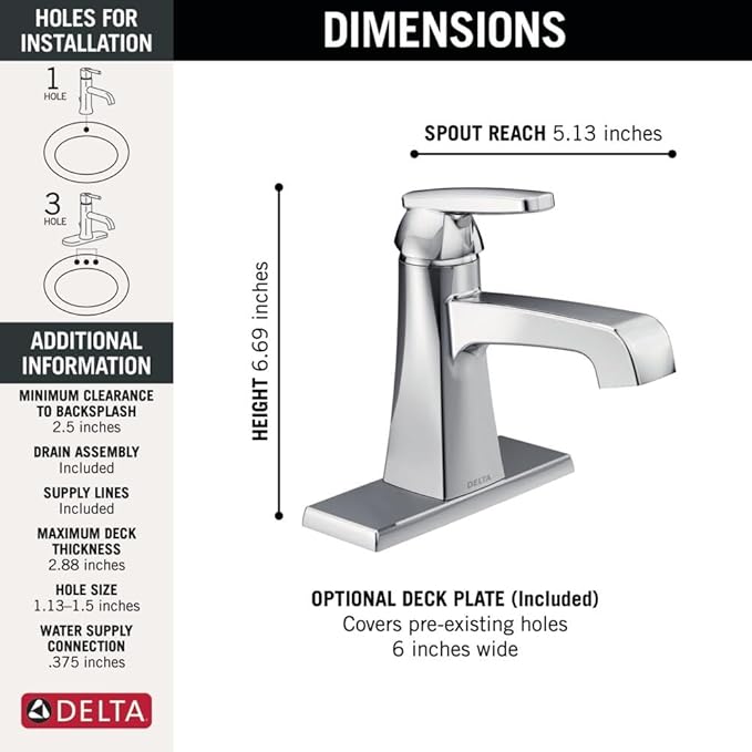 Delta Faucet Ashlyn Single Hole Bathroom Faucet, Single Handle Bathroom Faucet Chrome, Bathroom Sink Faucet, Diamond Seal Technology, Drain Assembly, Chrome 564-MPU-DST