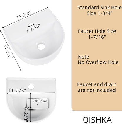 Wall Hung Bathroom Vessel Sink, QISHKA 12.5" X 11.5" Semi-Oval Floating Ceramic Wash Hand Basin White Wall Mount Vanity Sink for Small Bathroom and Small Cloakroom