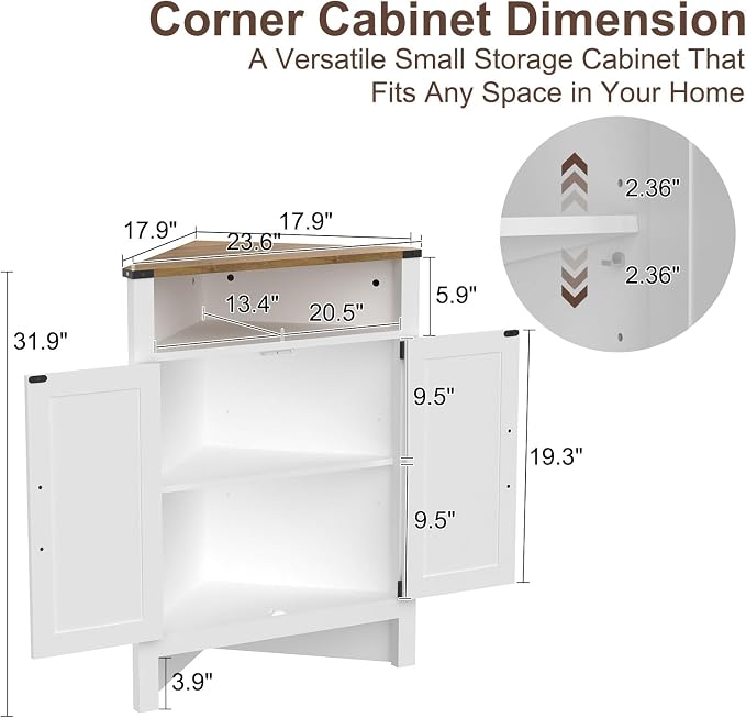 M METERXITY Bathroom Corner Cabinet with Barn Doors, Adjustable Shelf | 32"H Farmhouse Small Storage Cabinet, 3-Tier Space Saver, Open Storage, Kitchen, Pantry, Living, Entryway, White Walnut