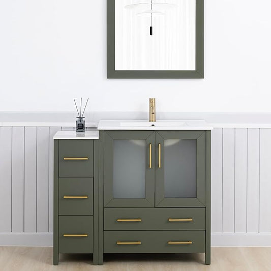 Vanity Art 42 Inch Under Mount Single Sink Bathroom Vanity Cabinet with 1 Mirror, Ceramic Top Bathroom Cabinet Compact Set with 5 Dovetail Storage Drawers, Golden Brushed Handles, VA3030-42-VG