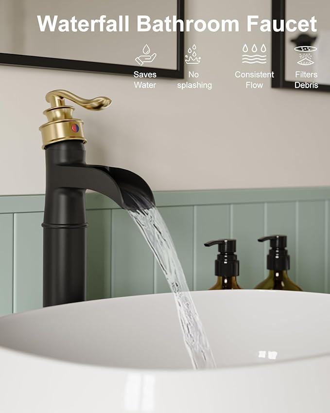 BWE Waterfall Vessel Sink Faucet Black and Gold Bathroom Faucet 1 Hole Single Handle Tall Bathroom Faucet with Pop Up Drain Assembly and Supply Lines Lavatory Vanity Bath Mixer Tap