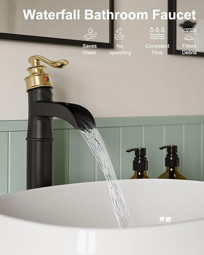 BWE Waterfall Vessel Sink Faucet Black and Gold Bathroom Faucet 1 Hole Single Handle Tall Bathroom Faucet with Pop Up Drain Assembly and Supply Lines Lavatory Vanity Bath Mixer Tap