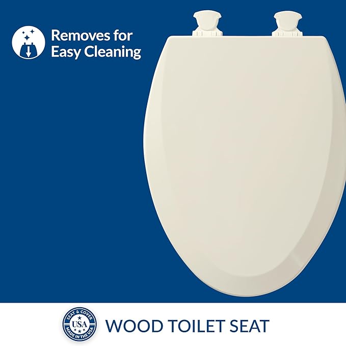 Bemis 1500EC Durable Wood Toilet Seat with Easy Clean Hinges, Made in USA, Elongated, Biscuit (Pack of 2)