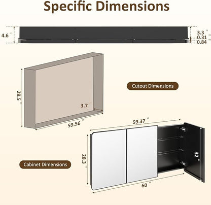 Medicine Cabinet Mirror 60x32 Inch, Triple-Door Bathroom Mirror Cabinet with Glass Adjustable Shelves, 3-Compartment Bathroom Mirror with Storage Recessed or Wall Mount