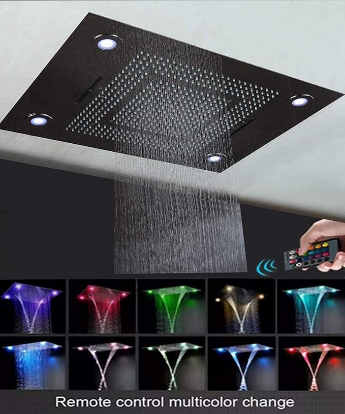 Cascada Classic Design 23"x31" Large shower Set with Waterfall LED rectangle recessed 4 function shower head, massaging body jets & handheld (23"x31", Antique Brass) | Luxurious 6 Functions (Rainfall, Waterfall, Curtain, Misty, Body Jets & Handheld) | ...