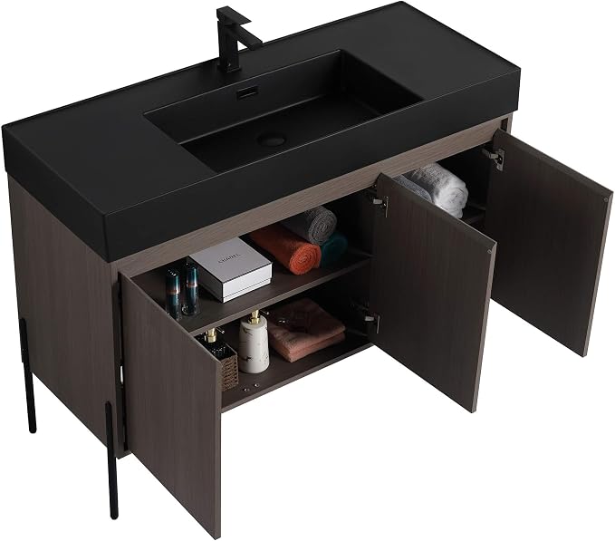 Crownpoint 48 Inch Bathroom Vanity with Sink, Black Sink, Gray Oak Finish, Full Assembly Required, Elegant Bathroom Vanities for Modern Homes