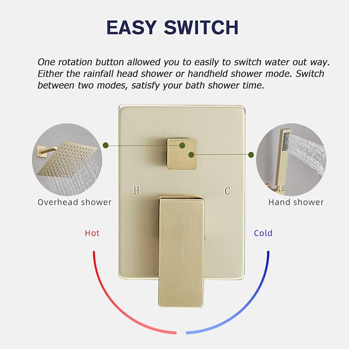 Brushed Gold Shower System 8 Inch Bathroom Luxury Rain Mixer Shower Combo Set Wall Mounted Rainfall Shower Head and Handheld System Shower Faucet Set Rough-in Valve Body and Trim Included