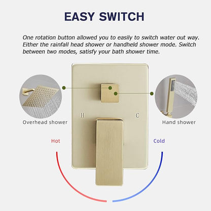 Brushed Gold Shower System 8 Inch Bathroom Luxury Rain Mixer Shower Combo Set Wall Mounted Rainfall Shower Head and Handheld System Shower Faucet Set Rough-in Valve Body and Trim Included
