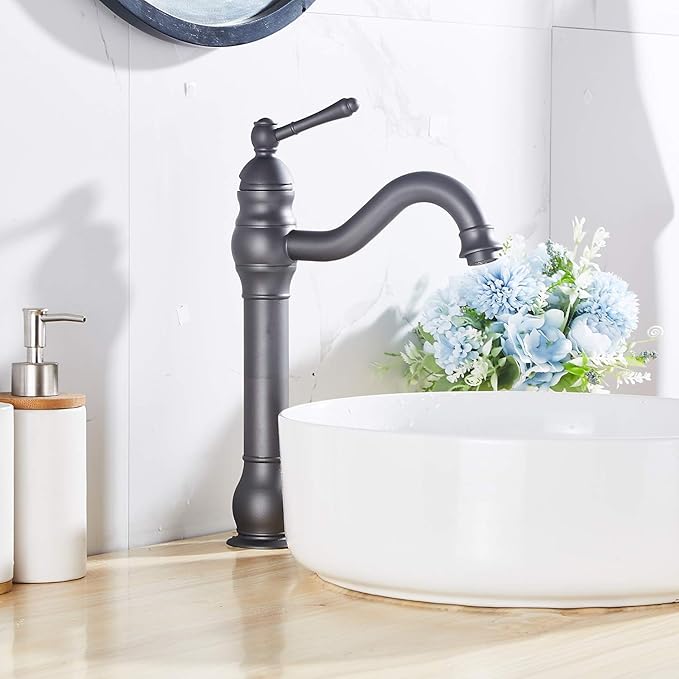 GGStudy Bathroom Faucet 360° Swivel Single-Handle One Hole Bathroom Vessel Sink Faucet Matching Pop Up Drain Grey Farmhouse Bathroom Vanity Faucet
