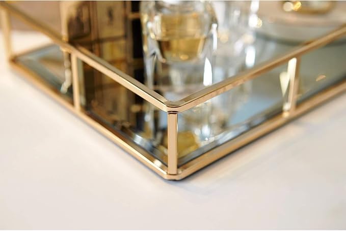 PuTwo Tray Mirror, Gold Dresser Ornate Tray Metal Decorative Tray Jewelry Perfume Organizer Makeup Tray for Vanity, Dresser, Bathroom, Bedroom | Gold Tray Jewelry Perfume Organizer Makeup Tray for Vanity Dresser Bathroom Bedroom