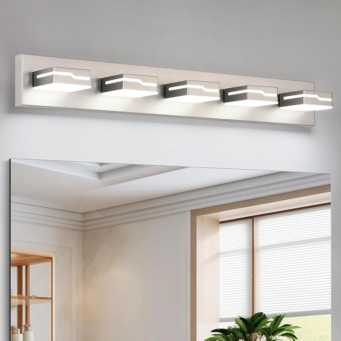 LED Modern Bathroom Vanity Light Fixtures 5-Light, 32 inch Dimmable Nickel Vanity Lights for Bathroom Lighting Fixtures Over Mirror, with 350°Rotatable Acrylic Heads(White Light 5500K)