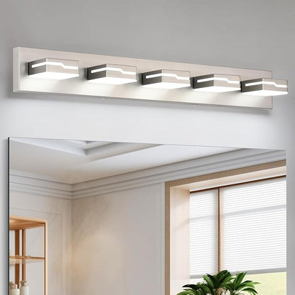 LED Modern Bathroom Vanity Light Fixtures 5-Light, 32 inch Dimmable Nickel Vanity Lights for Bathroom Lighting Fixtures Over Mirror, with 350°Rotatable Acrylic Heads(White Light 5500K)