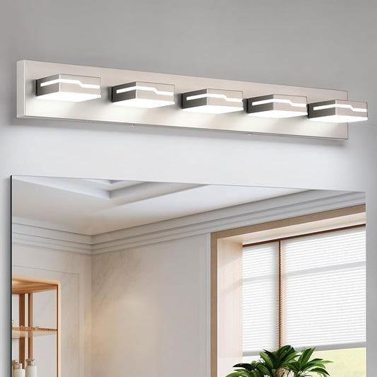 LED Modern Bathroom Vanity Light Fixtures 5-Light, 32 inch Dimmable Nickel Vanity Lights for Bathroom Lighting Fixtures Over Mirror, with 350°Rotatable Acrylic Heads(White Light 5500K)