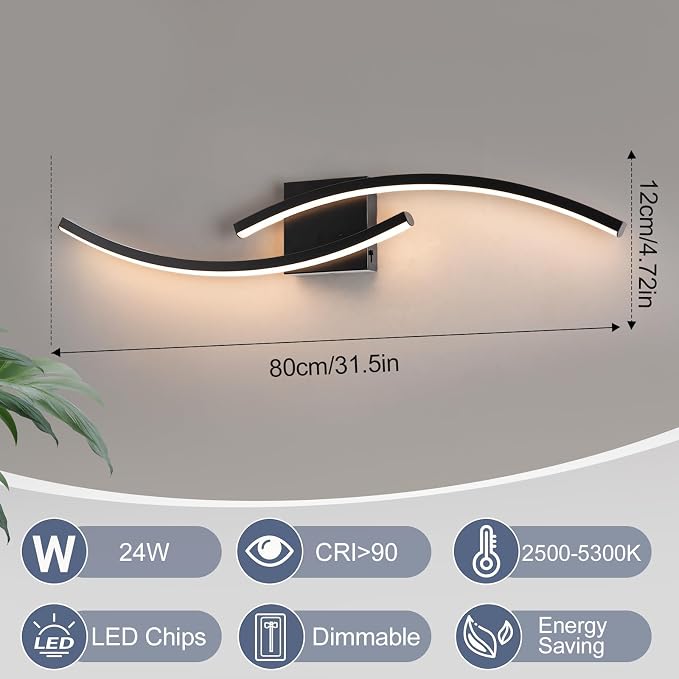 31.5 inch Modern Bathroom Vanity Light Black Lights Fixtures Dimmable 5CCT Led Bathroom Light Fixture Over Mirror Modern Wall lamp for Cabinet Hallway