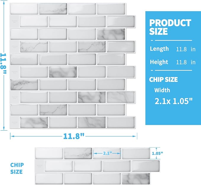 Art3d 10-Pack Peel and Stick Stone Backsplash Tile, 12" x 12", White Marble | Strong Adhesion, Lightweight, Cuttable, Waterproof, Fadeless, Crack Resistant, for Kitchen, Bedroom, Ideal for Recently Moved