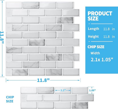 Art3d 10-Pack Peel and Stick Stone Backsplash Tile, 12" x 12", White Marble | Strong Adhesion, Lightweight, Cuttable, Waterproof, Fadeless, Crack Resistant, for Kitchen, Bedroom, Ideal for Recently Moved