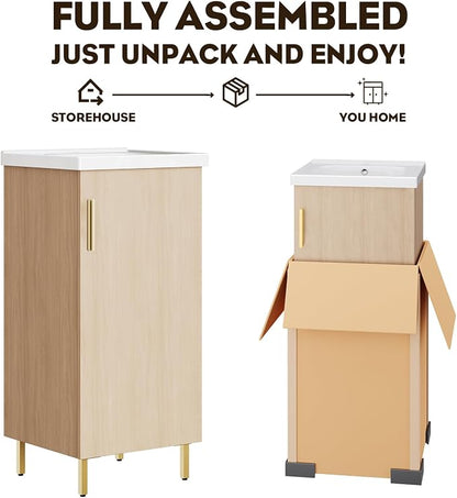 Pre-Assembled 16 Inch Small Bathroom Vanity, Freestanding Oak Bathroom Cabinet with Ceramic Sink, Soft-Close Door, No Faucet,BV05-16-OAK-JH
