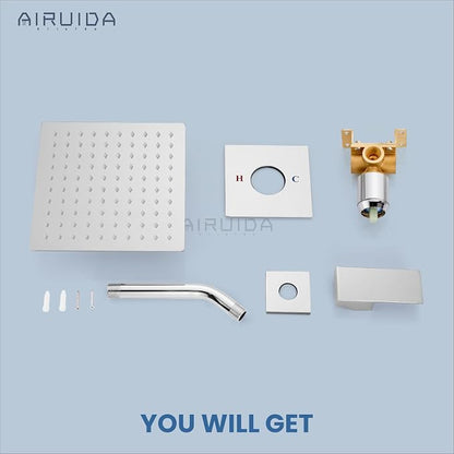 Airuida Chrome Polish Shower Faucet Set,8 Inch Shower Valve Kit | Square Showerhead,Female Thread Rough-in Valve,Bathroom Rain Shower System,Single Function Handle