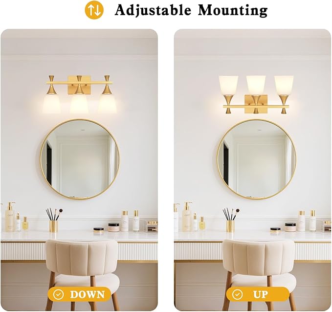 3 Light Modern Bathroom Vanity Light, Milk Glass Wall Light Fixtures Over Mirror, Brushed Gold Vanity Lighting for Bathroom, Living Room, Bedroom, E26 Base (Exclude Bulb)