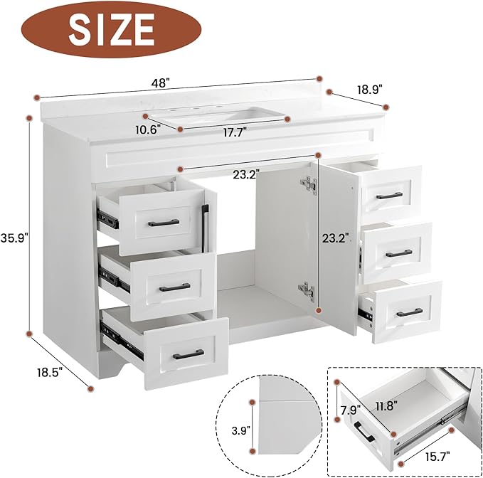 48" Luxurious Bathroom Vanity with White Stone Countertop and Rectangle Sink and Back Splash,2 Soft Closing Doors & 6 Full Extension Drawers (Without Faucet、Pop Up Drain &Mirror)