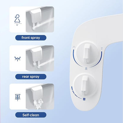 Toilet Bidet Attachment, Non-Electric Dual Nozzle (Feminine/Bidet Wash), Self-Cleaning Fresh Cold Water Sprayer Bidets for Toilets with Adjustable Water Pressure (Dual Knob, White)