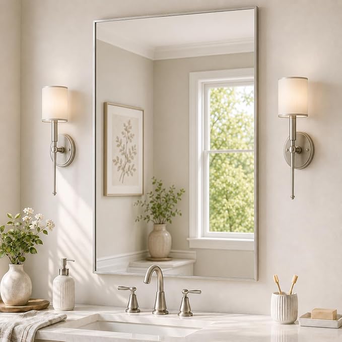 24"x36" Brushed Nickel Framed Rectangle Bathroom Vanity Wall Mirror | Over-Sink Vanity Mirror, Slim Metal Frame, Entryway or Dresser Use, Vertical/Horizontal Mount, Tempered Glass