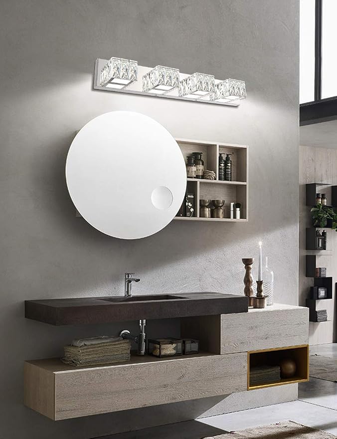 4 Lights Bathroom Vanity Light - Crystal Modern Vanity Lights for Bathroom - Dimmable 24W LED Chrome Bath Light Fixtures Over Mirror Cool White Light