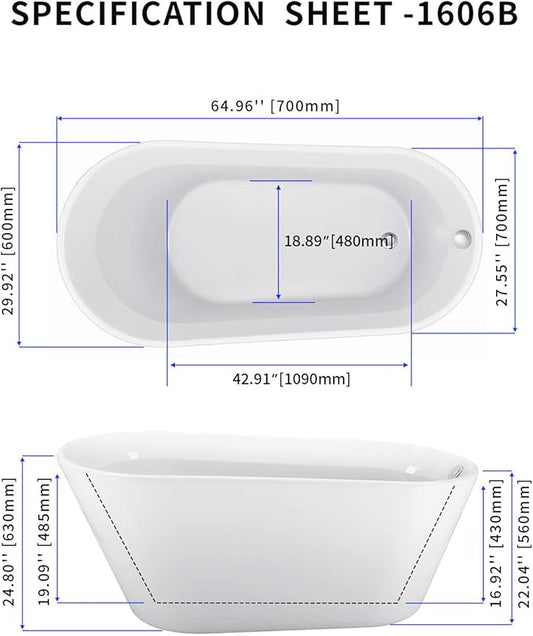 65" Acrylic Freestanding Bathtub, Single Slipper Free Standing Tub, Soaking Tub with Integrated Slotted Overflow, Toe-Tap Chrome Drain, cUPC Certified, Glossy White