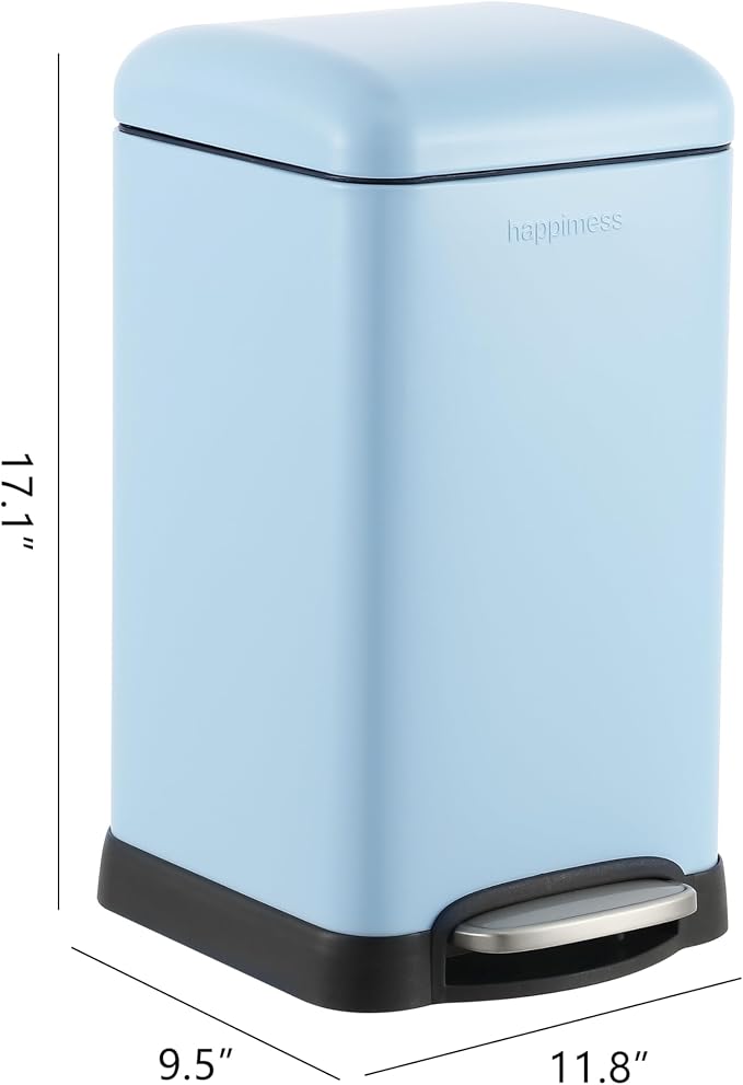 happimess Betty Retro Mini 3.2 Gal Step Trash Can, Tide Pool Blue | Soft-Close Lid, Removable Liner, Iron, Hands-Free Pedal, Satin Finish, Non-Skid Base, Built-In Damper, Modern, Minimalistic