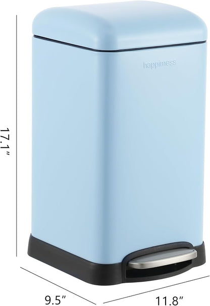 happimess Betty Retro Mini 3.2 Gal Step Trash Can, Tide Pool Blue | Soft-Close Lid, Removable Liner, Iron, Hands-Free Pedal, Satin Finish, Non-Skid Base, Built-In Damper, Modern, Minimalistic