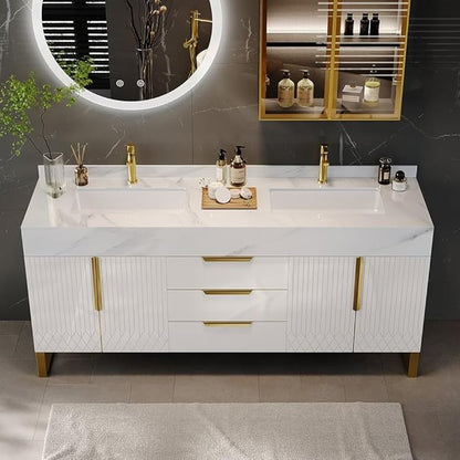 KunMai 59" White Freestanding Bathroom Vanity with Faux Marble Top, Double Ceramic Vessel Sinks, Floor-Standing Design, 3 Drawers for Storage, Modern Bathroom Cabinet with Gold Hardware Finish