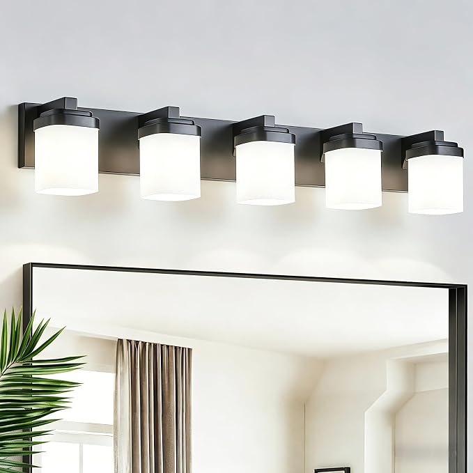 Bathroom Light Fixtures, Farmhouse Vanity Lights for Bathroom | 5-light black modern light fixture with milky white square glass shade, 36.5" modern bathroom lighting fixtures over mirror