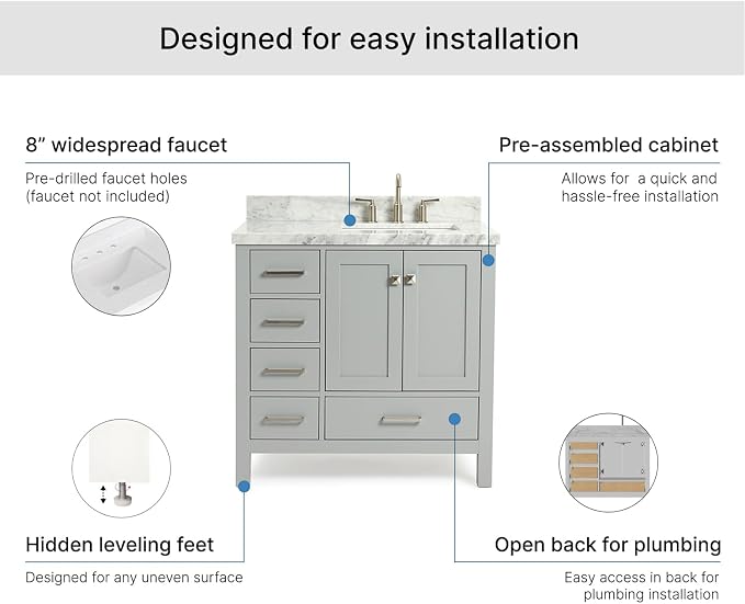 ARIEL Cambridge 36-inch Bathroom Vanity with Sink,Solid Wood, 1.5-inch Italian Carrara Marble Countertop, Single Rectangular Porcelain Sink, 2 Soft Closing Doors, 5 Dovetail Drawers, Grey