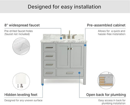 ARIEL Cambridge 36-inch Bathroom Vanity with Sink,Solid Wood, 1.5-inch Italian Carrara Marble Countertop, Single Rectangular Porcelain Sink, 2 Soft Closing Doors, 5 Dovetail Drawers, Grey