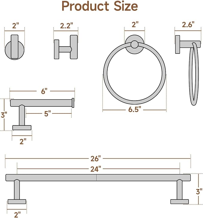 8PCS Matte Black Bathroom Hardware Set, 24-Inch Towel Bar Set | Durable SUS304 Stainless Steel Bathroom Accessories Set, Towel Racks for Bathroom Wall Mounted, Modern Home Decor