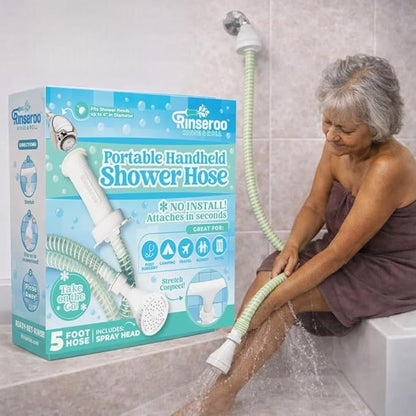 Rinseroo Slip-On Handheld Shower Attachment Hose w/Spray Head | Seated Bathing, Converts Fixed Shower Head, Portable No-Install, For Seniors & RV, Gravity Fed