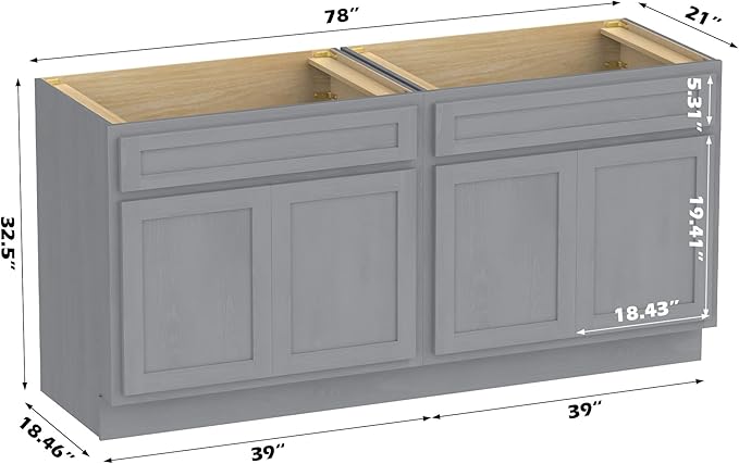 Vanity Art 78 Inch Bathroom Base Cabinet Only, Double Sink Top (Not Include Sink) with Door & Soft Close Hinge, Unassembled Floor Cabinet, Smoke Grey, 2ea 39 Inch Combo