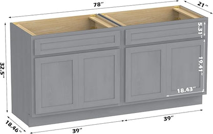 Vanity Art 78 Inch Bathroom Base Cabinet Only, Double Sink Top (Not Include Sink) with Door & Soft Close Hinge, Unassembled Floor Cabinet, Smoke Grey, 2ea 39 Inch Combo