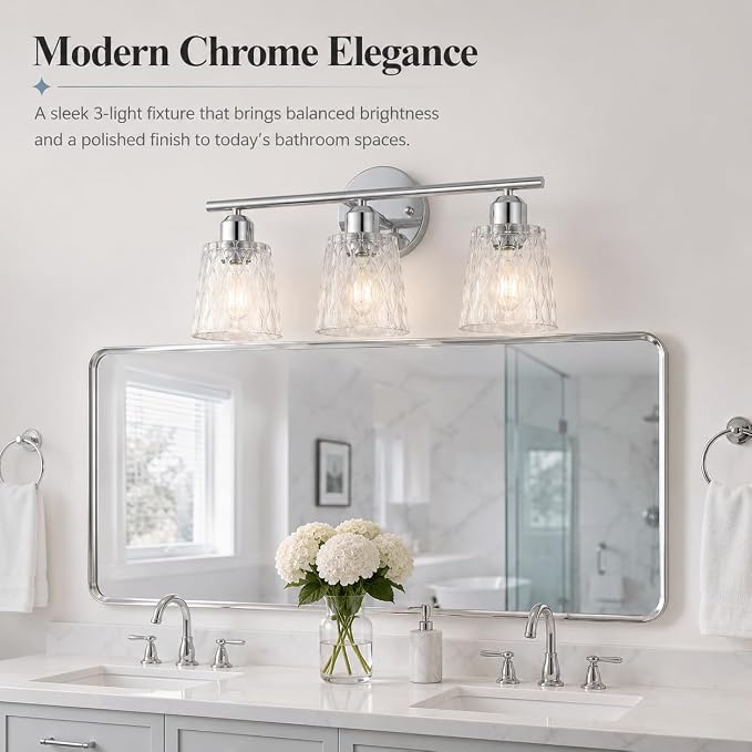 Chrome 3 Light Bathroom Vanity Lights with Textured Glass Shades, E26 Sockets, Bathroom Light Fixtures Over Mirror, Modern Lighting Fixtures Wall Lamp Vanity Lights