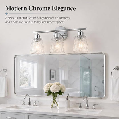Chrome 3 Light Bathroom Vanity Lights with Textured Glass Shades, E26 Sockets, Bathroom Light Fixtures Over Mirror, Modern Lighting Fixtures Wall Lamp Vanity Lights