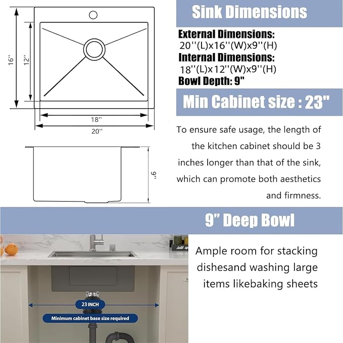 20x16 Inch Drop In Kitchen Sink, 3D Embossed Surface Finish Topmount SUS304 Stainless Steel Single Bowl Sink, Extra-thick 16 Gauge For RV Laundry Utility with Basket Strainer
