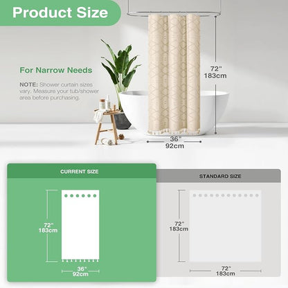 Stall Boho Farmhouse Shower Curtain Tufted Geometric 36"x72" Beige | Narrow Half Size, Elegant Tassel, Lightweight Textured Fabric, Water Repellent, Washable, for Small Bathroom/Dorm 6 Hooks