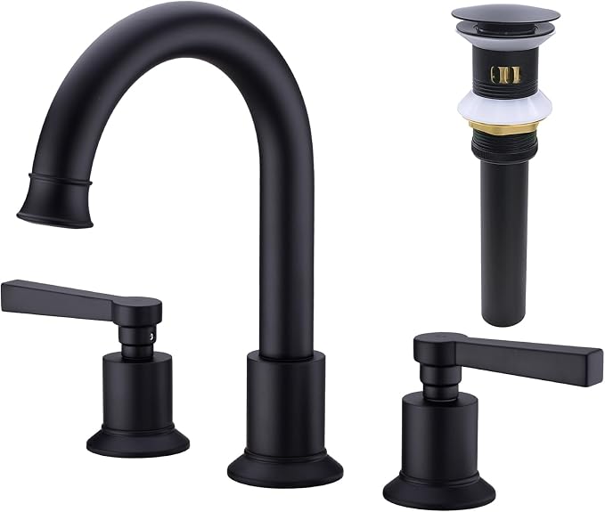 TRUSTMI Matte Black Bathroom Faucet Brass 2 Handle 8 Inch Widespread Lavatory Vanity Faucet with Metal Overflow Sink Drain
