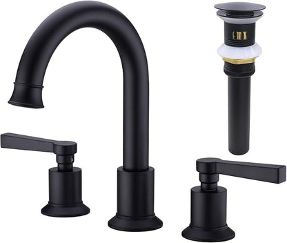 TRUSTMI Matte Black Bathroom Faucet Brass 2 Handle 8 Inch Widespread Lavatory Vanity Faucet with Metal Overflow Sink Drain